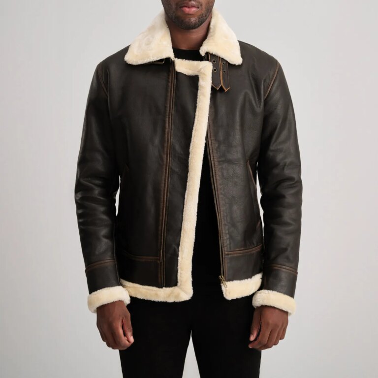Mens Francis B-3 Brown & Cream Leather Bomber Jacket Open Front-4-1733737613738